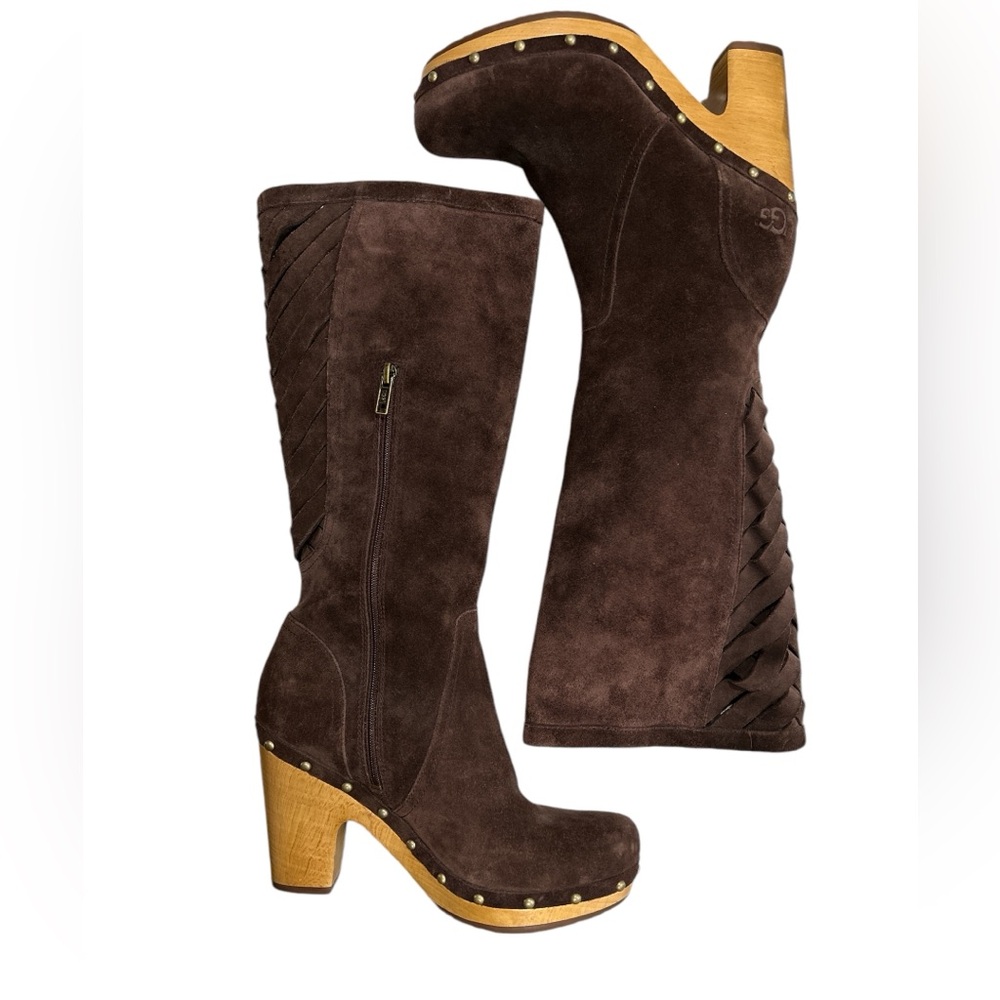 UGG Australia Women's Rumer Weave Brown Suede Leather Tall Clog Boot - Size 9 - Picture 5 of 12